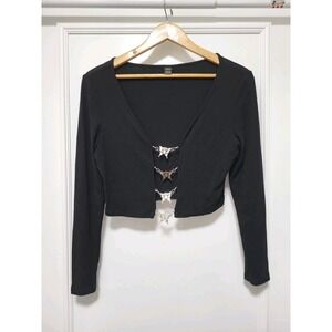 Black Knit Silver Butterfly Clasp Whimsigoth Fairygrunge Lightweight Cardigan L